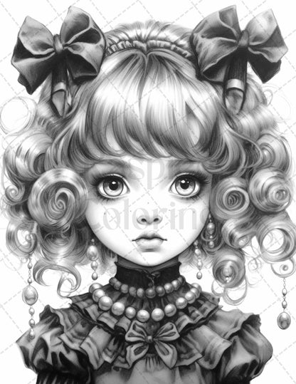 60 Adorable Gothic Girls Grayscale Coloring Pages Printable for Adults, PDF File Instant Download