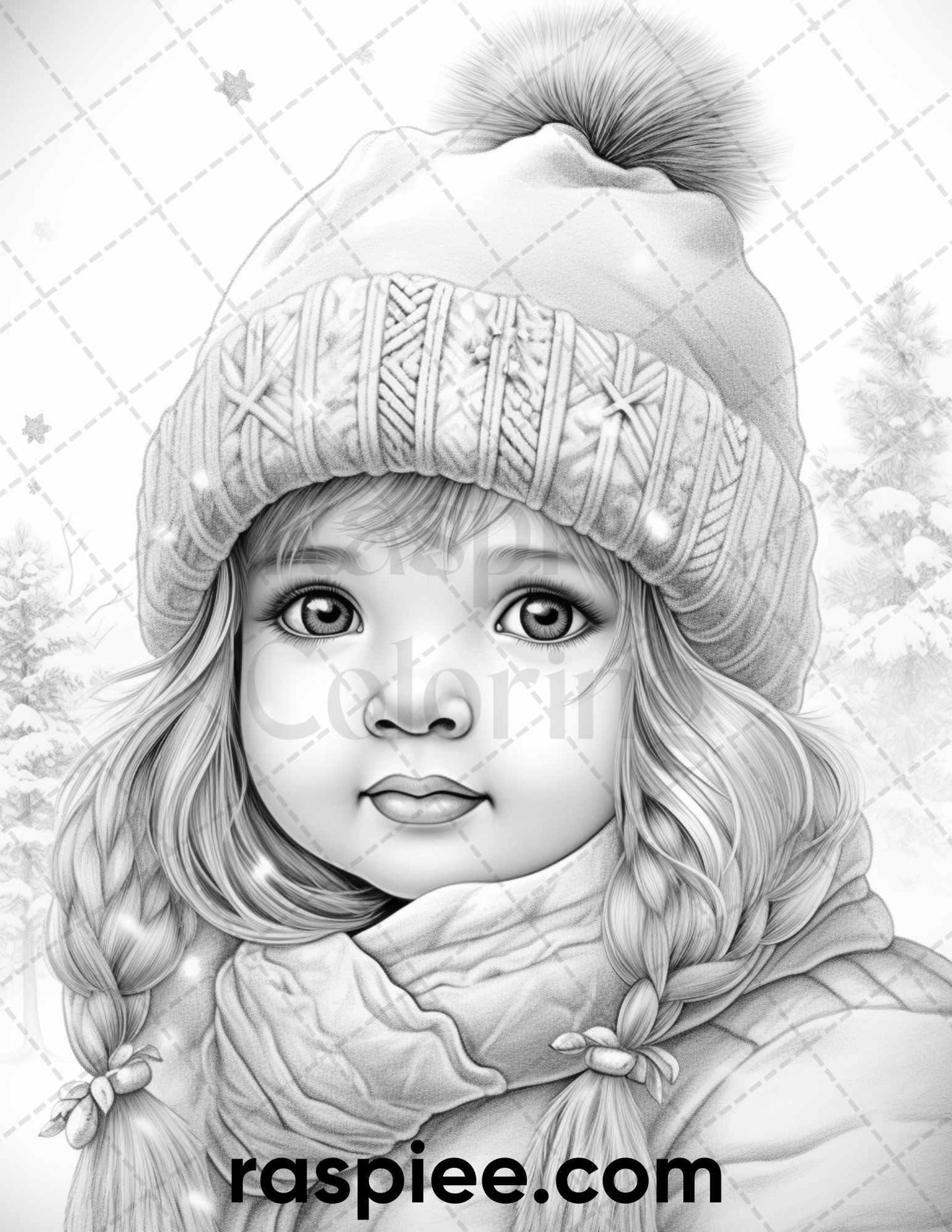 50 Baby Winter Portrait Grayscale Coloring Pages Printable for Adults, PDF File Instant Download