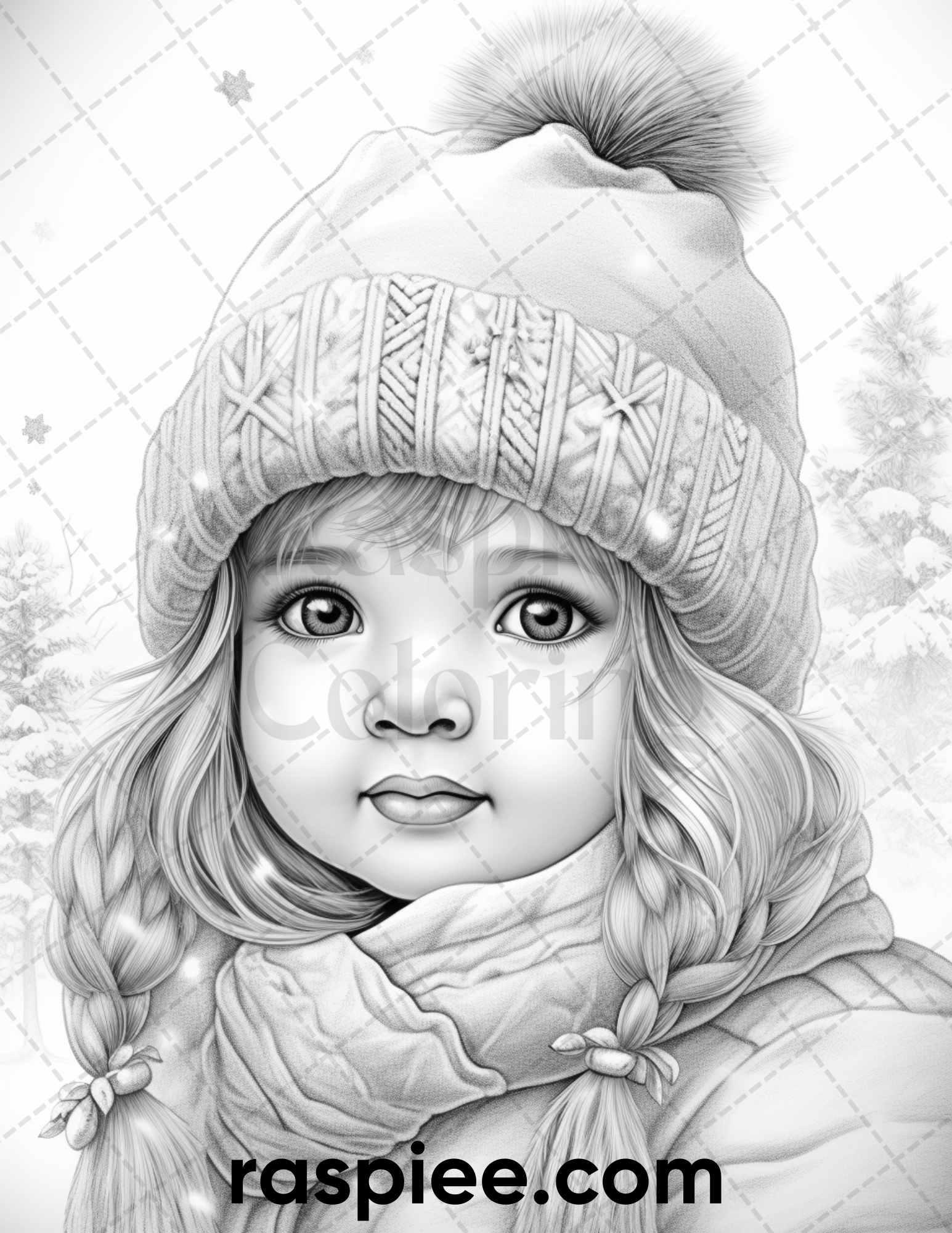 50 Baby Winter Portrait Grayscale Coloring Pages Printable for Adults, PDF File Instant Download