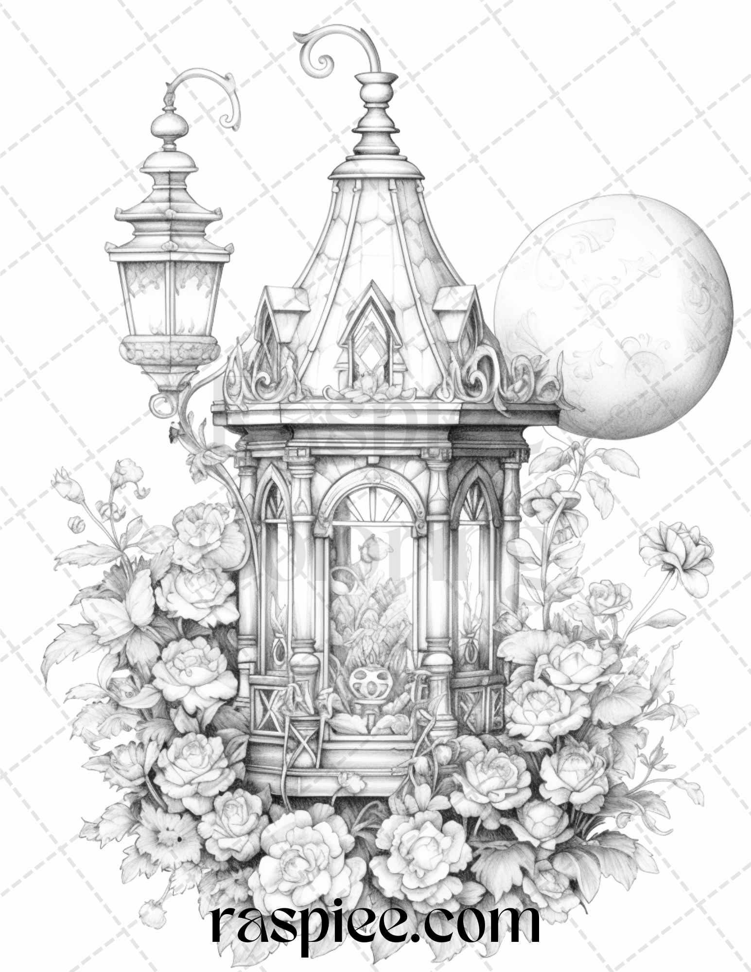 50 Lantern Fairy Houses Grayscale Coloring Pages Printable for Adults, PDF File Instant Download