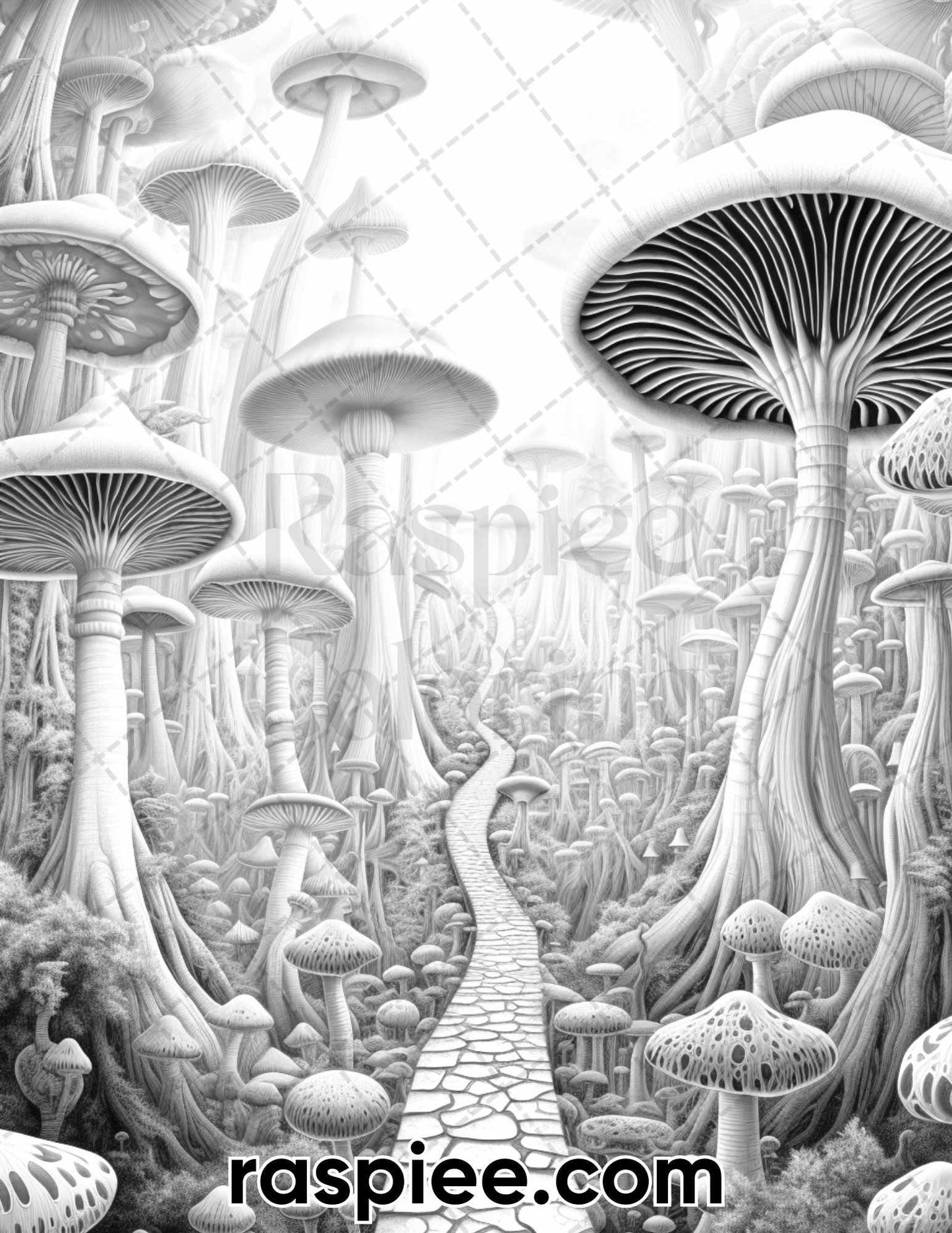 50 Fantasy Mushroom Island Grayscale Coloring Pages for Adults, Printable PDF Instant Download