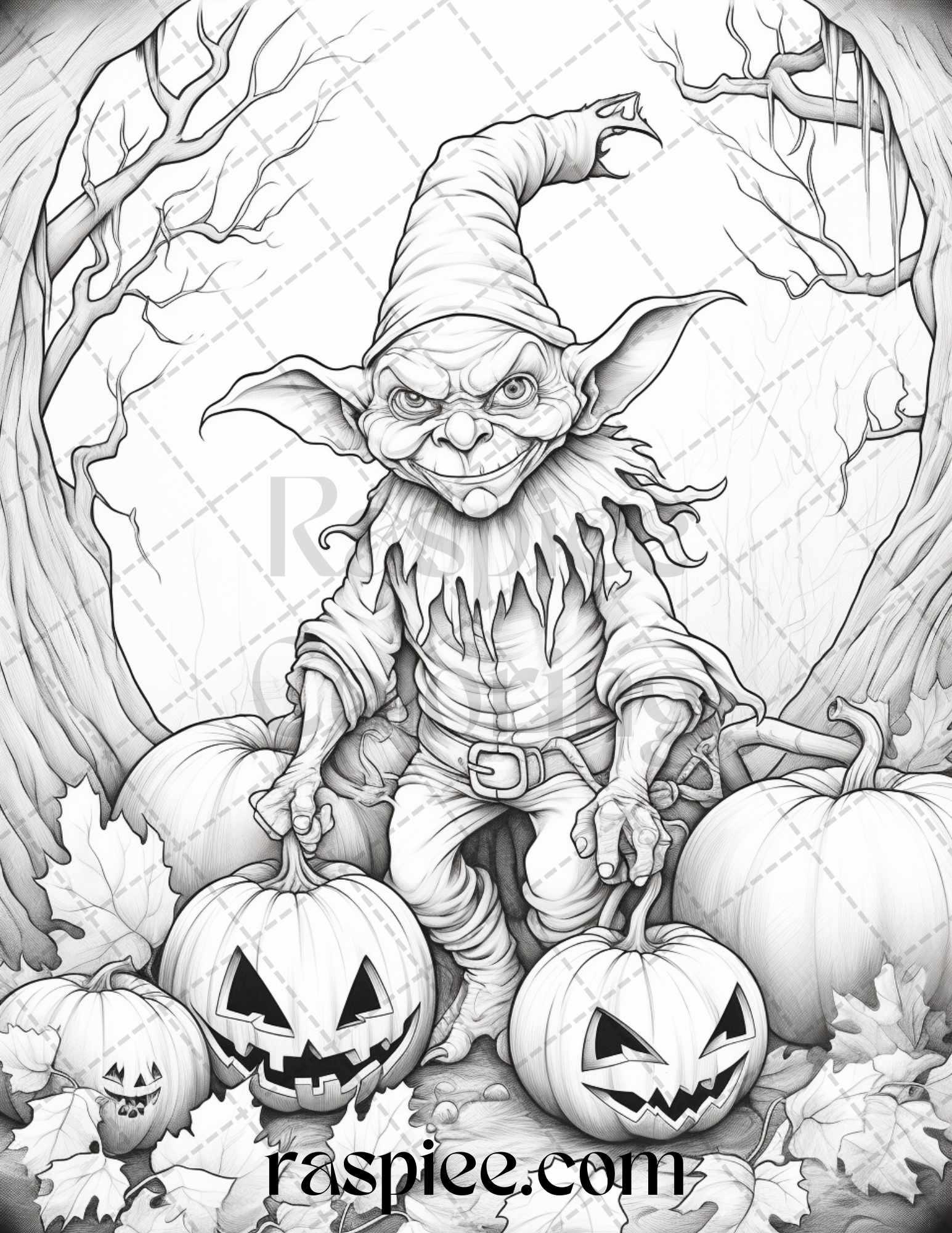 50 Halloween Goblin Grayscale Coloring Pages Printable for Adults, PDF File Instant Download