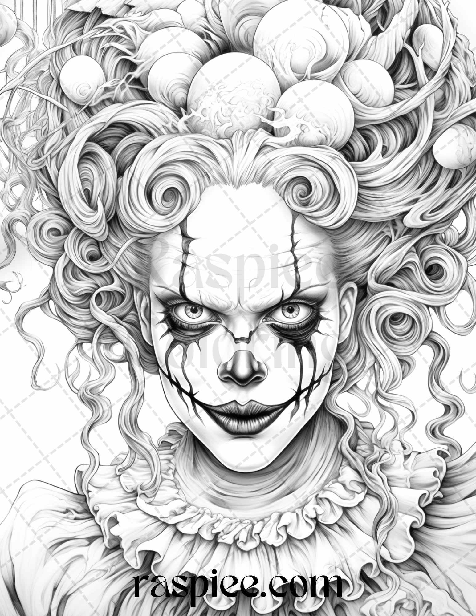 50 Scary Clown Girls Grayscale Coloring Pages Printable for Adults, PDF File Instant Download