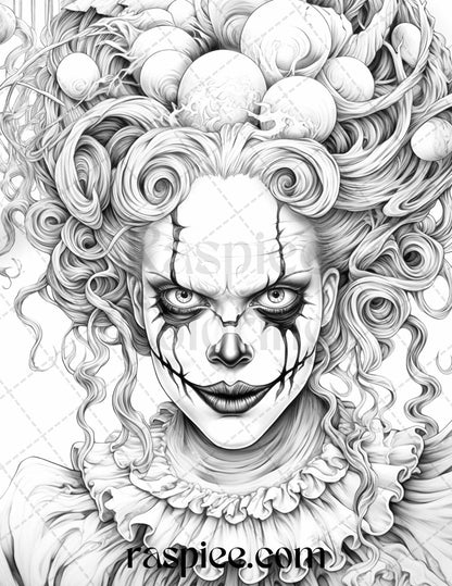50 Scary Clown Girls Grayscale Coloring Pages Printable for Adults, PDF File Instant Download