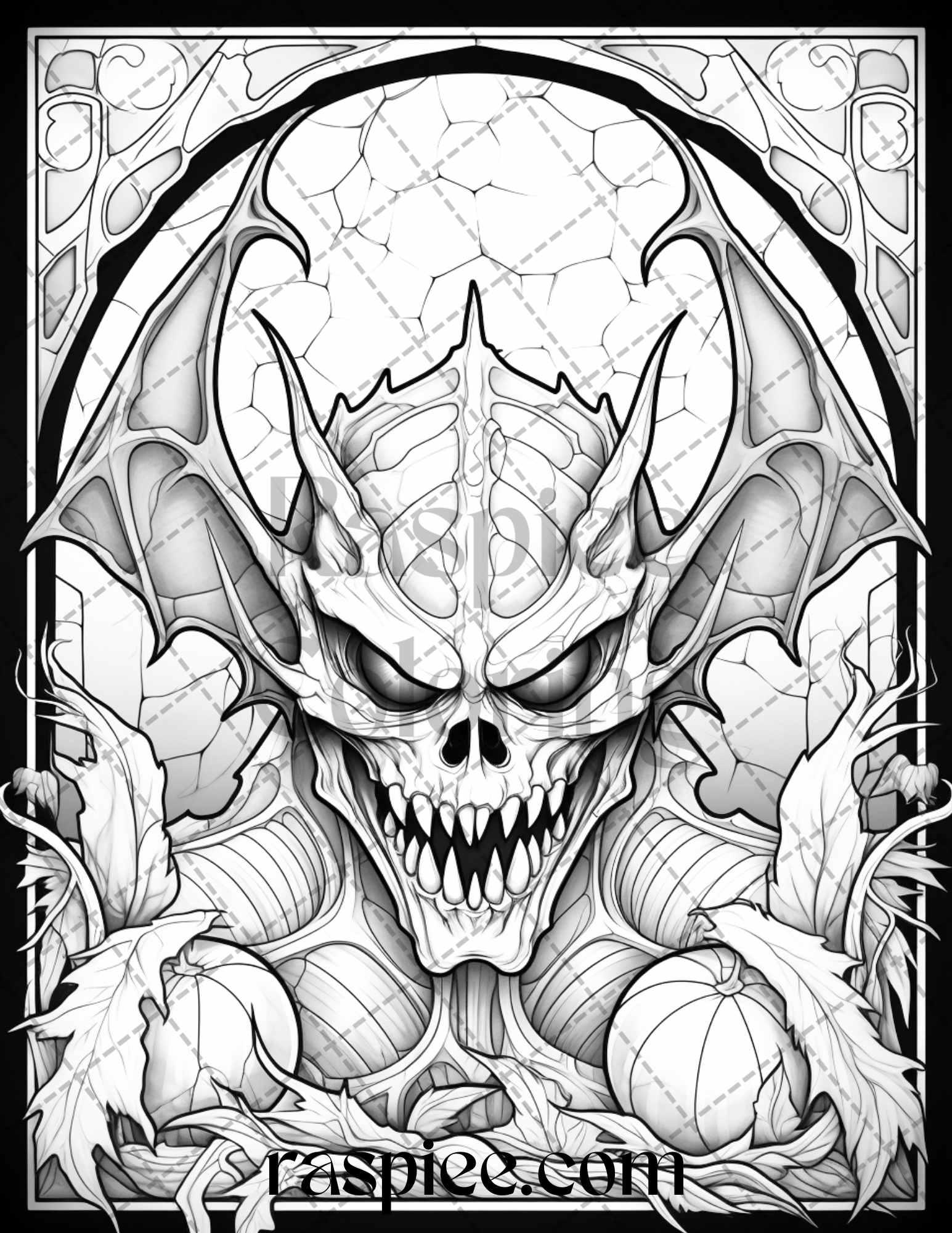 70 Halloween Stained Glass Grayscale Coloring Pages Printable for Adults, PDF File Instant Download