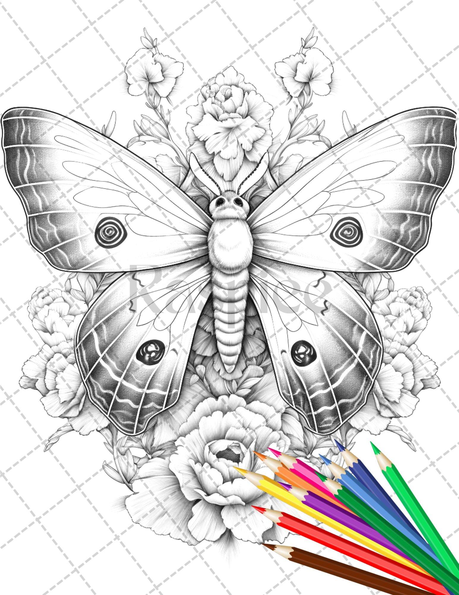 32 Beautiful Moths and Floral Coloring Book for Adults, Grayscale Coloring Page, Printable PDF Instant Download