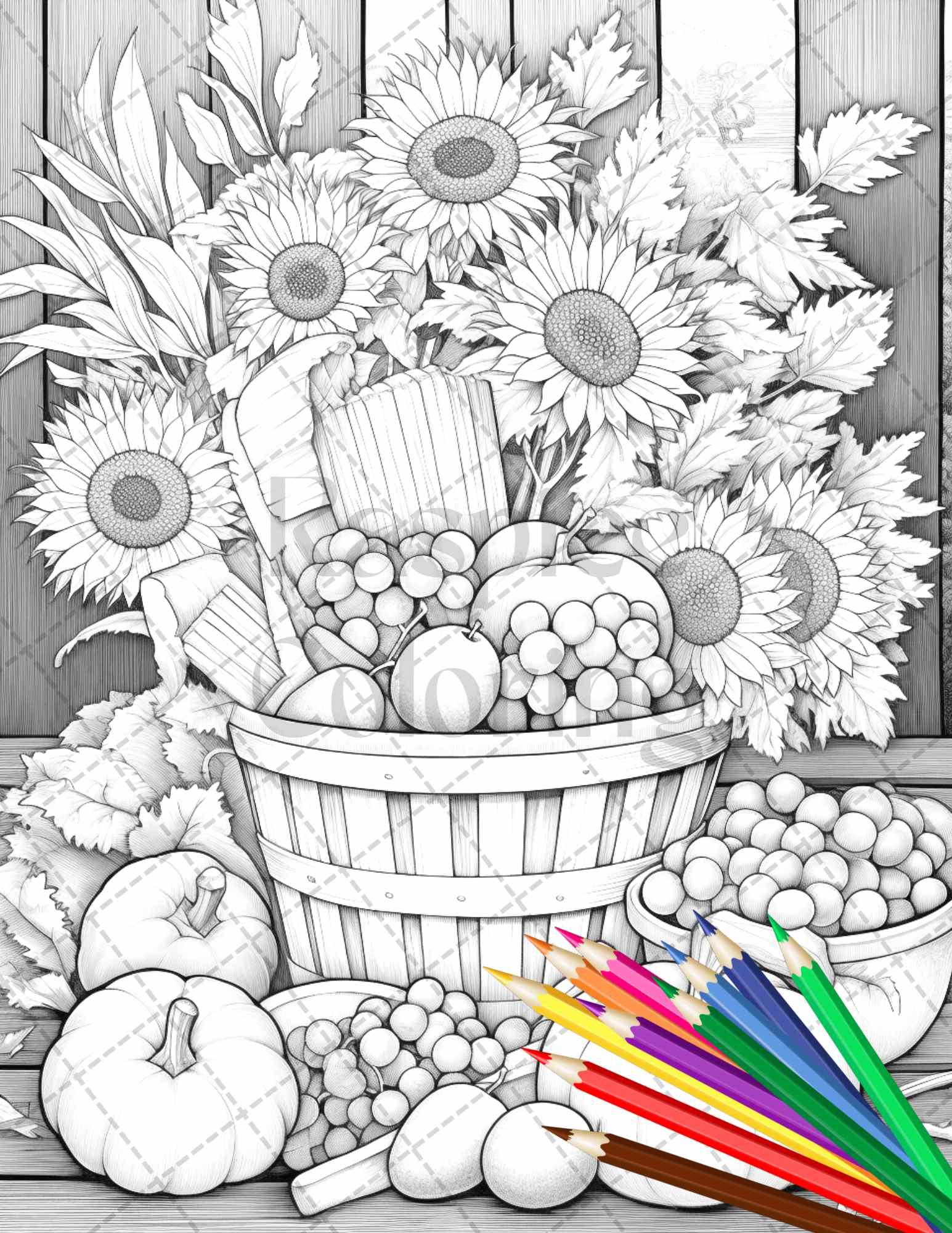 Autumn Harvest Grayscale Coloring Pages Printable for Adults, Relaxing Fall Themed Art, PDF File Instant Download