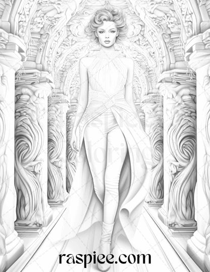 Fashion Show Grayscale Coloring Pages Printable for Adults, PDF File Instant Download