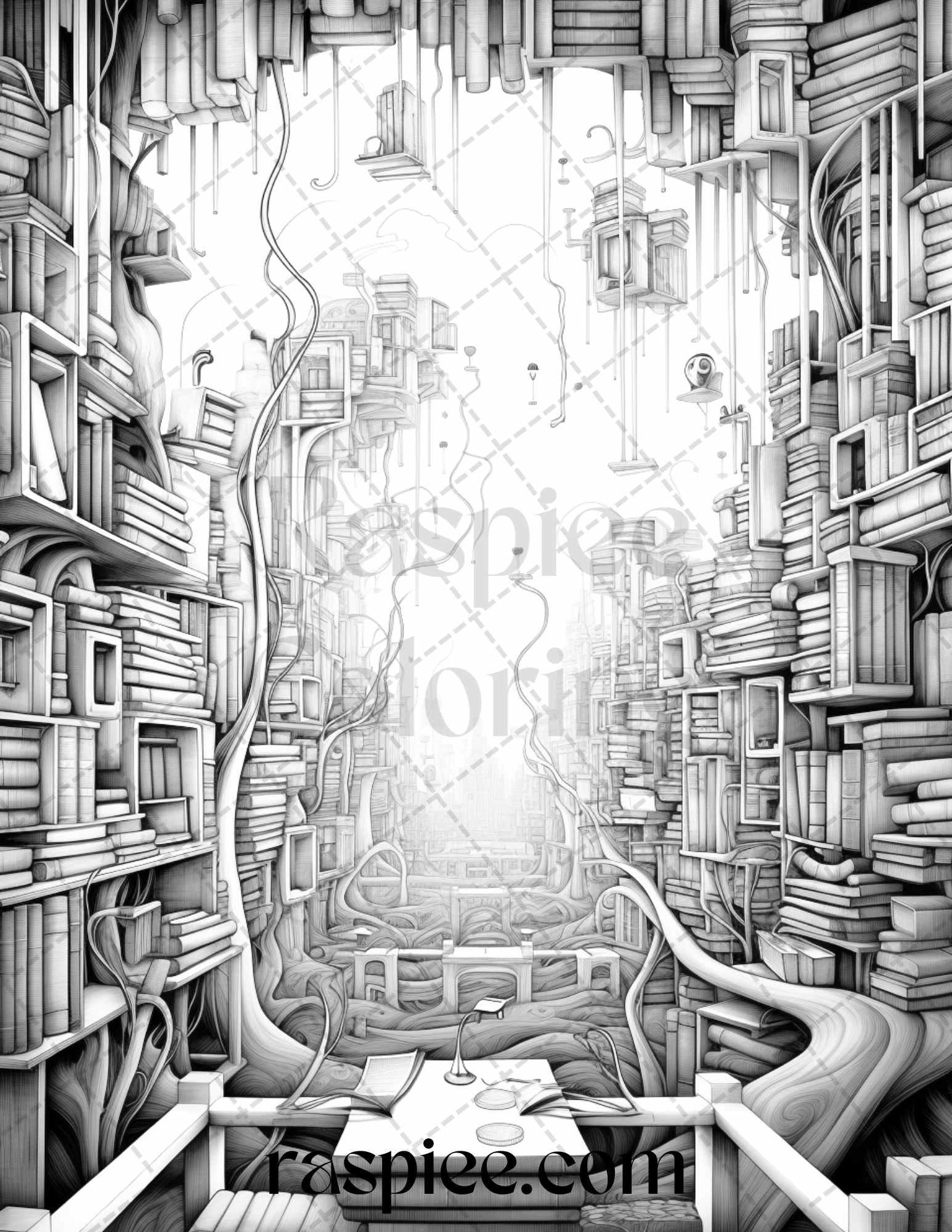 60 Enchanting Surrealism Grayscale Coloring Pages Printable for Adults, PDF File Instant Download