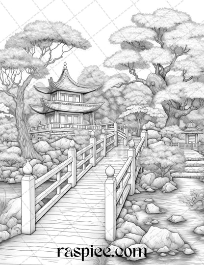 Japanese Garden Grayscale Coloring Pages Printable for Adults, PDF File Instant Download