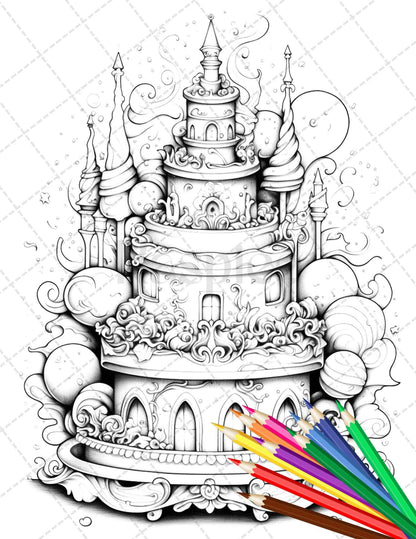38 Whimsical Cakes Grayscale Coloring Pages for Adults, PDF File Instant Download