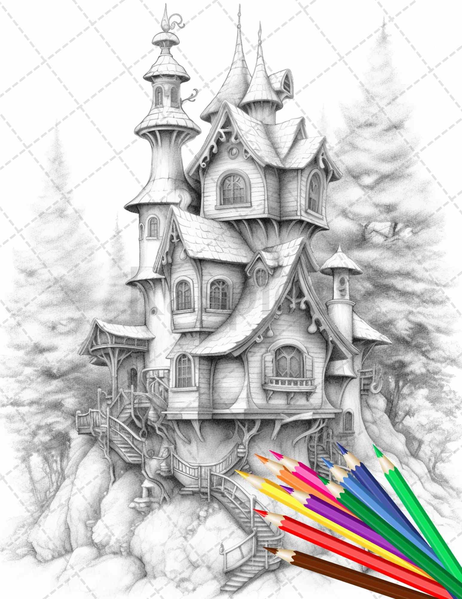 63 Winter Fairy Houses Grayscale Coloring Pages Printable for Adults, PDF File Instant Download