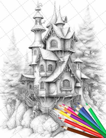 63 Winter Fairy Houses Grayscale Coloring Pages Printable for Adults, PDF File Instant Download
