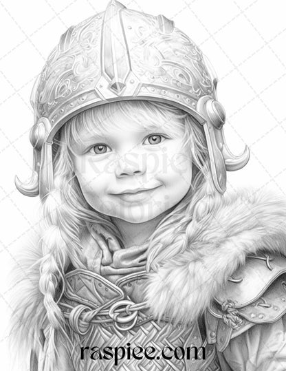58 Little Viking Girls Boys Portrait Grayscale Coloring Pages Printable, PDF File Instant Download