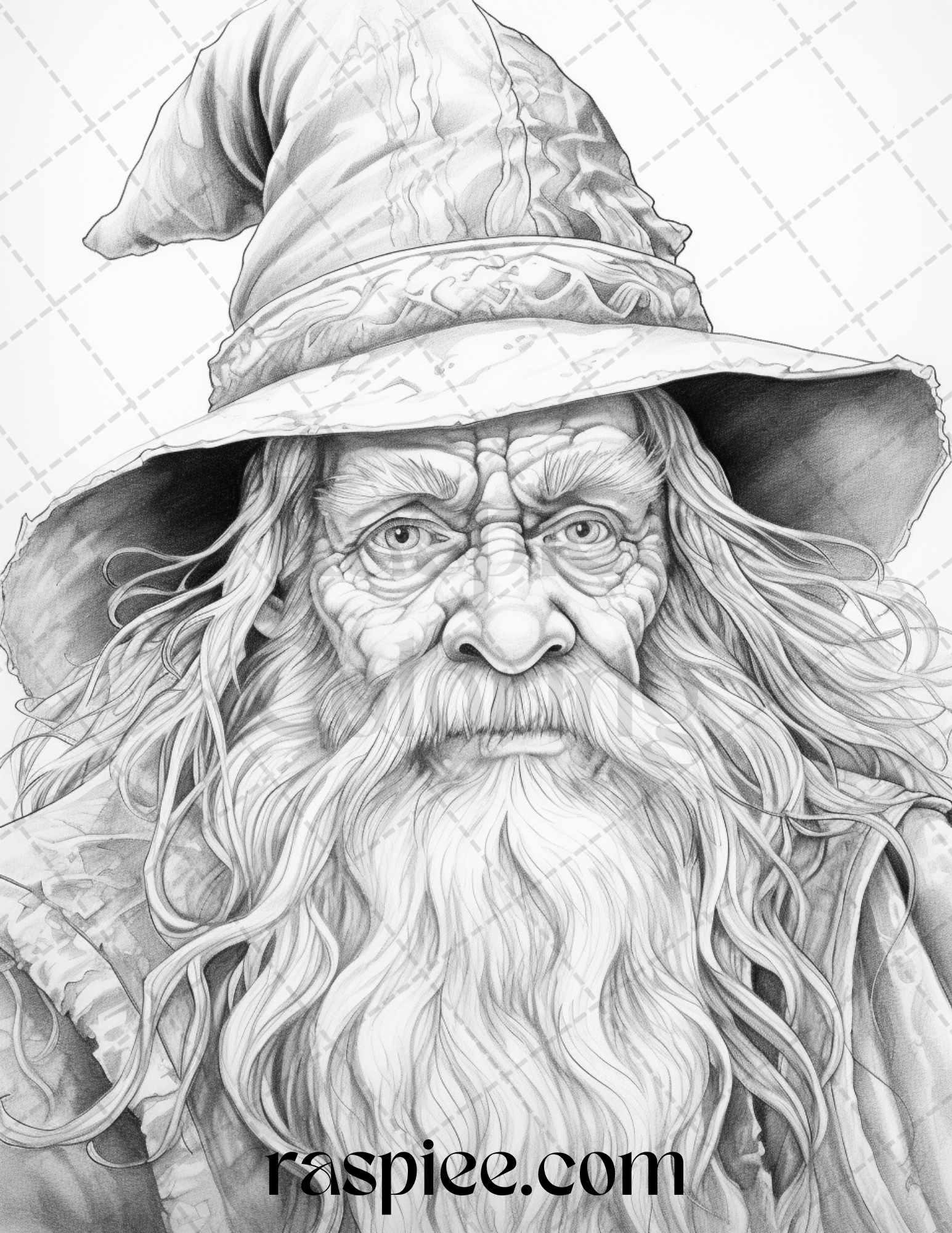 50 Magical Wizard Grayscale Coloring Pages for Adults, Printable PDF File Instant Download