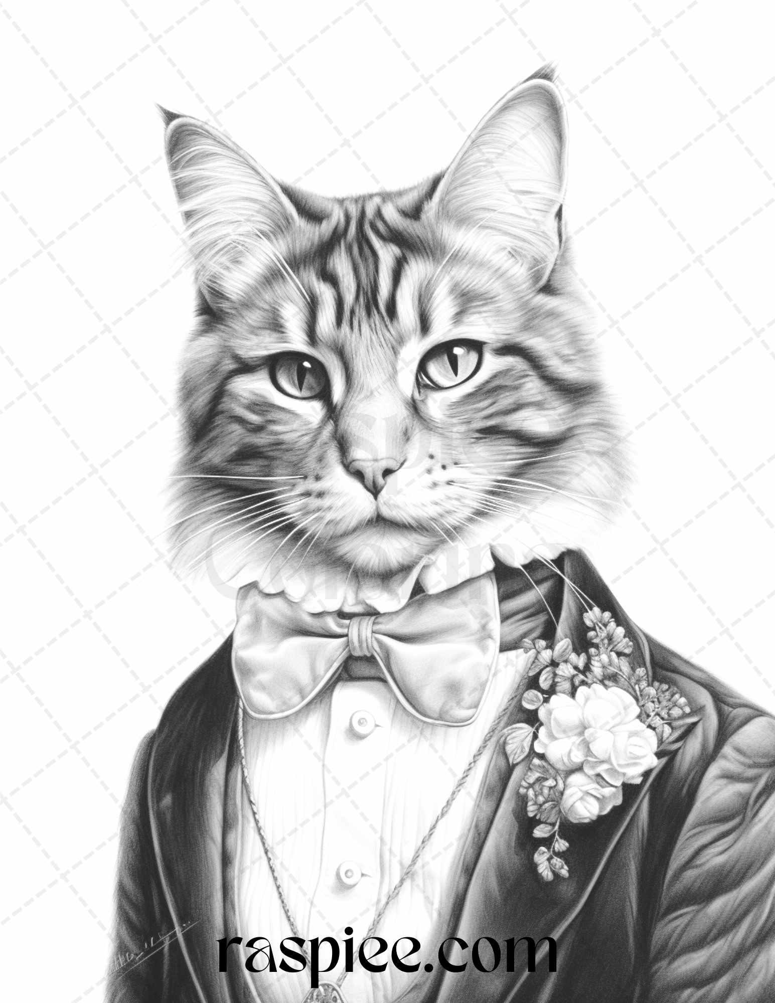 Gentleman Cat Grayscale Coloring Pages Printable for Adults Kids, PDF File Instant Download