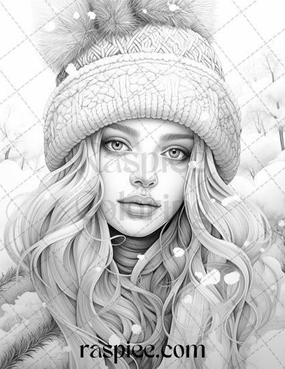 60 Beautiful Winter Girls Grayscale Coloring Pages Printable for Adults, PDF File Instant Download