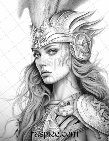 Greek Women Warriors Grayscale Coloring Pages for Adults, Printable PDF File Instant Download