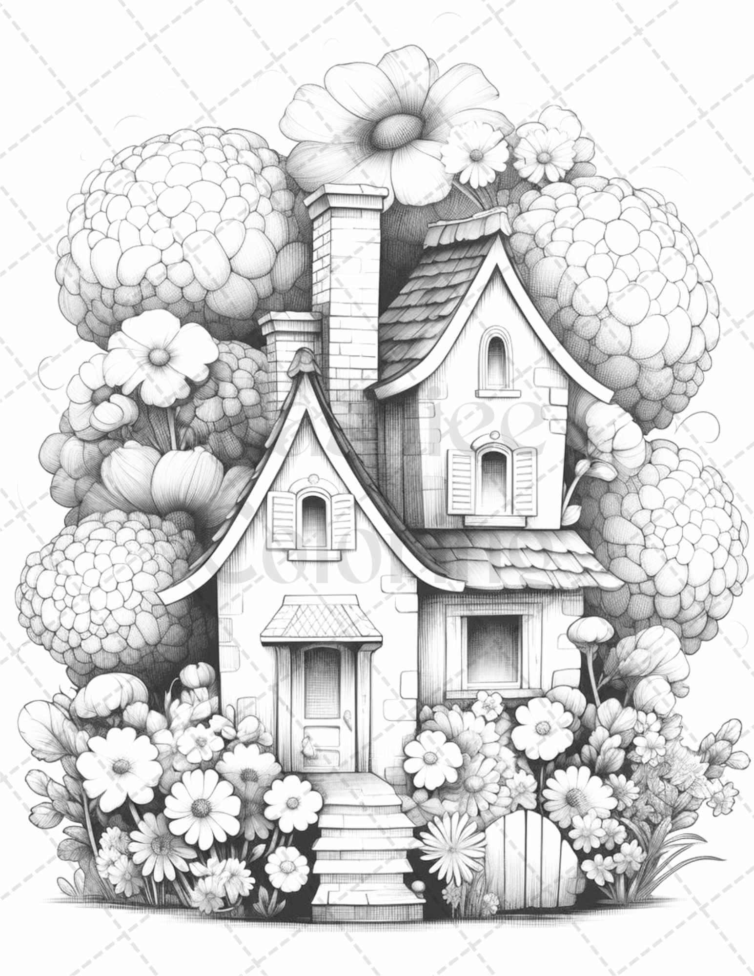 60 Flower Houses Grayscale Coloring Pages Printable for Adults, PDF File Instant Download