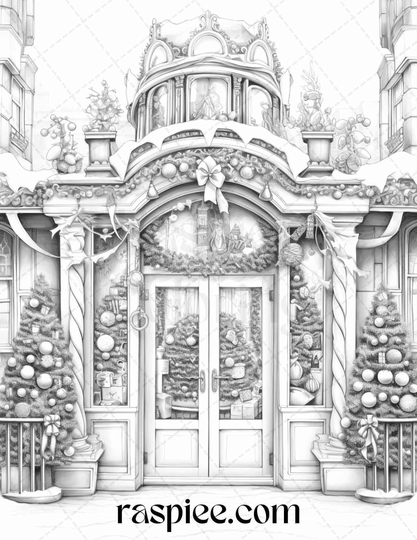 Christmas Store Front Grayscale Coloring Pages for Adults, PDF Printable Instant Download