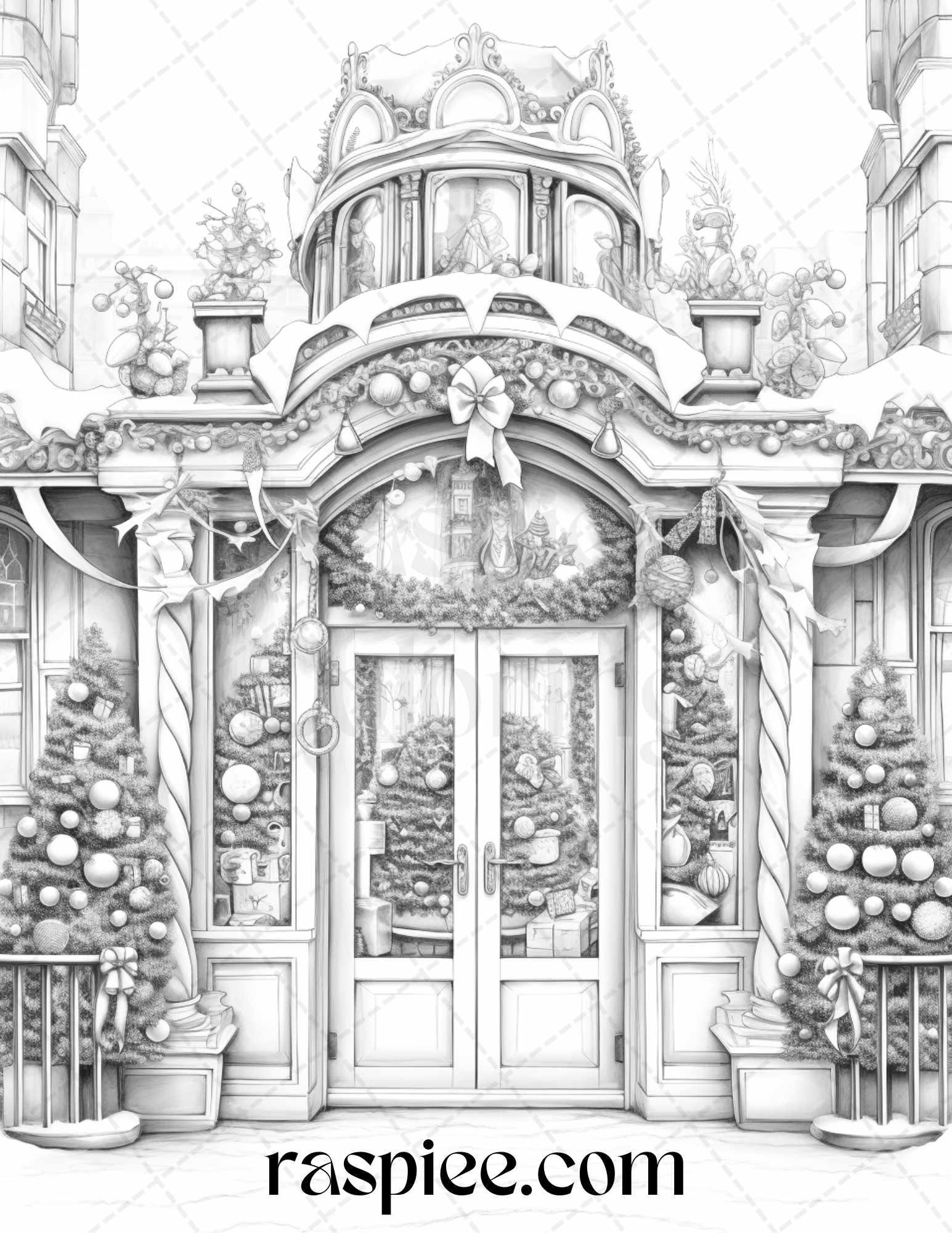 Christmas Store Front Grayscale Coloring Pages for Adults, PDF Printable Instant Download