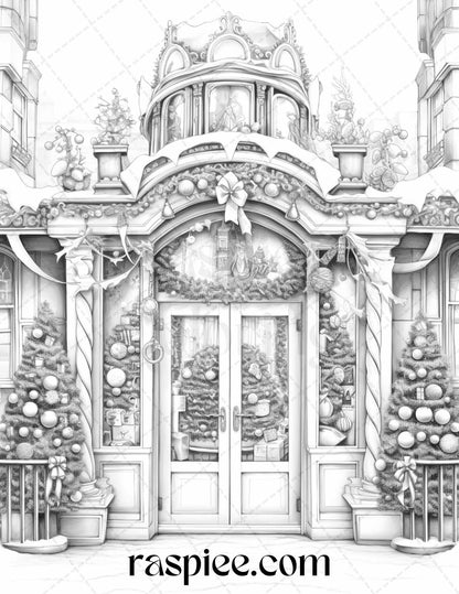 Christmas Store Front Grayscale Coloring Pages for Adults, PDF Printable Instant Download