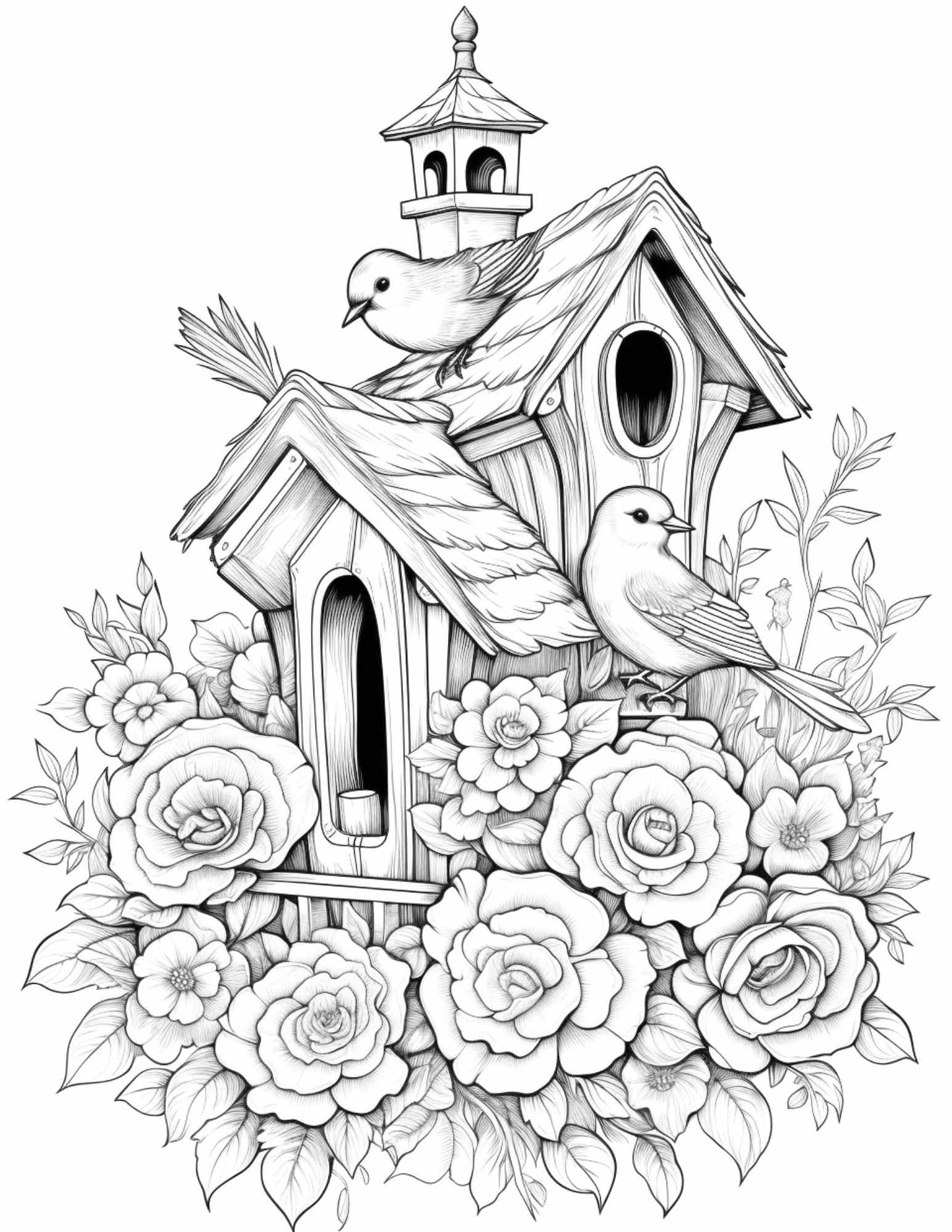 Free Flower Bird House Grayscale Coloring Pages Printable for Adults, PDF File Instant Download