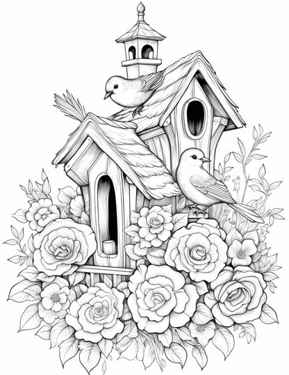 Free Flower Bird House Grayscale Coloring Pages Printable for Adults, PDF File Instant Download