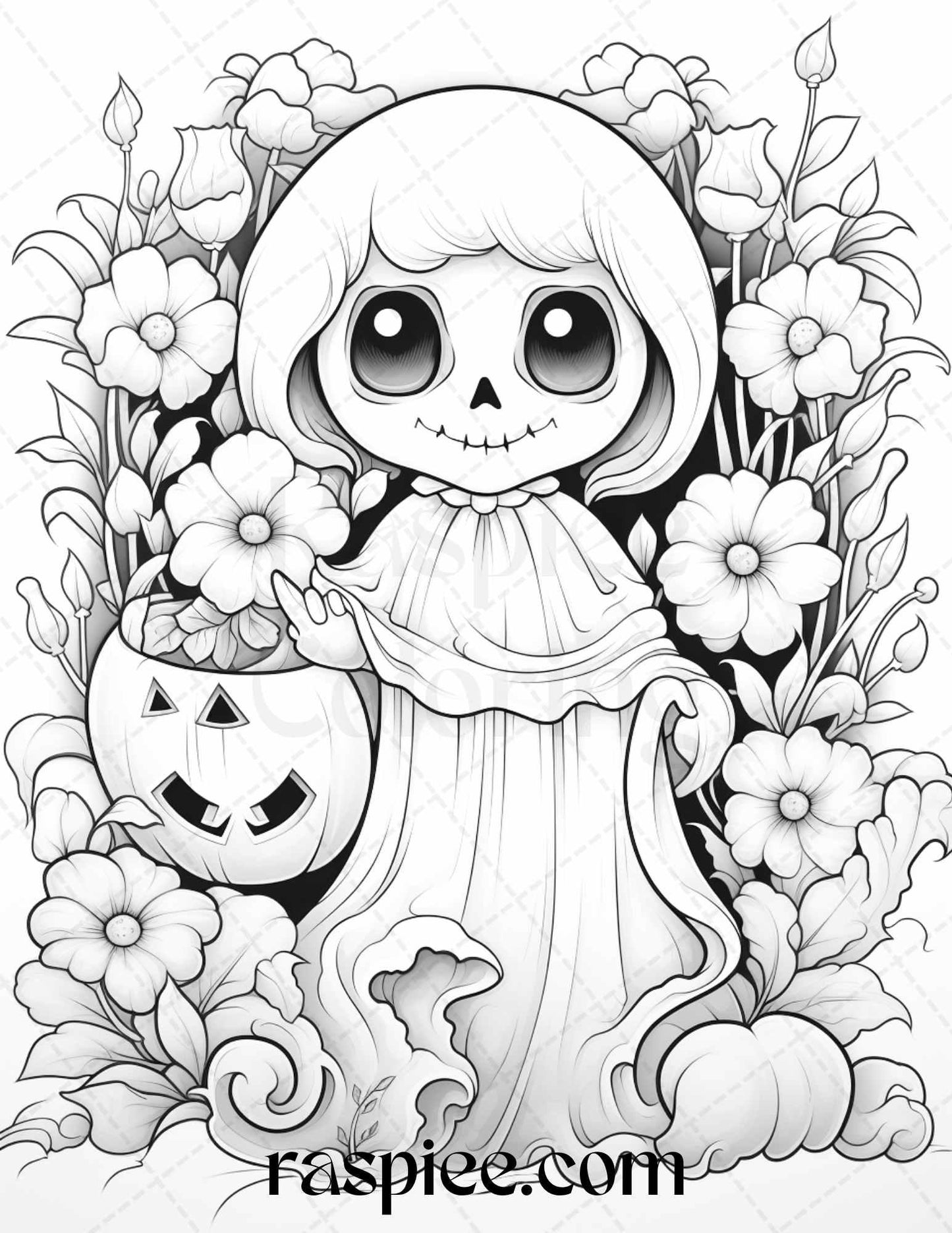 50 Halloween Cute Ghosts Grayscale Coloring Printable for Adults Kids, PDF File Instant Download