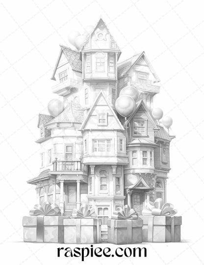40 Adorable Gift Box Houses Grayscale Coloring Pages Printable for Adults Kids, PDF File Instant Download
