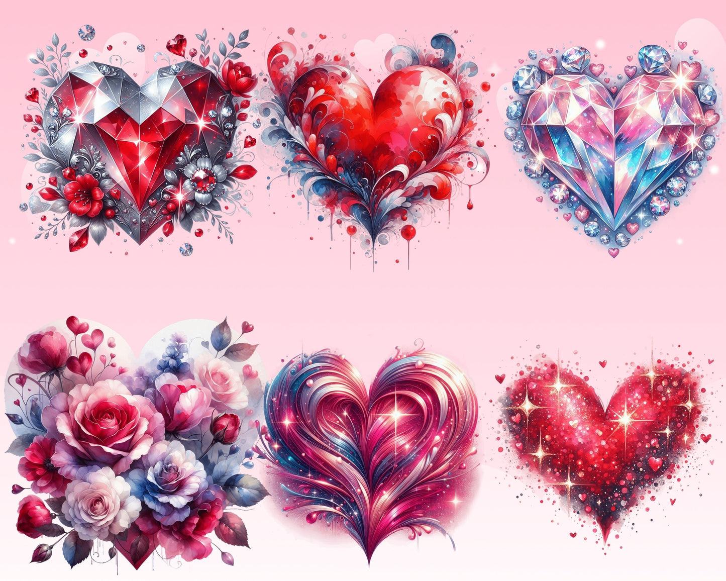 Romantic Valentine Heart Clipart Bundle, 52 PNG High-Res Files for Commercial Use and DIY Projects
