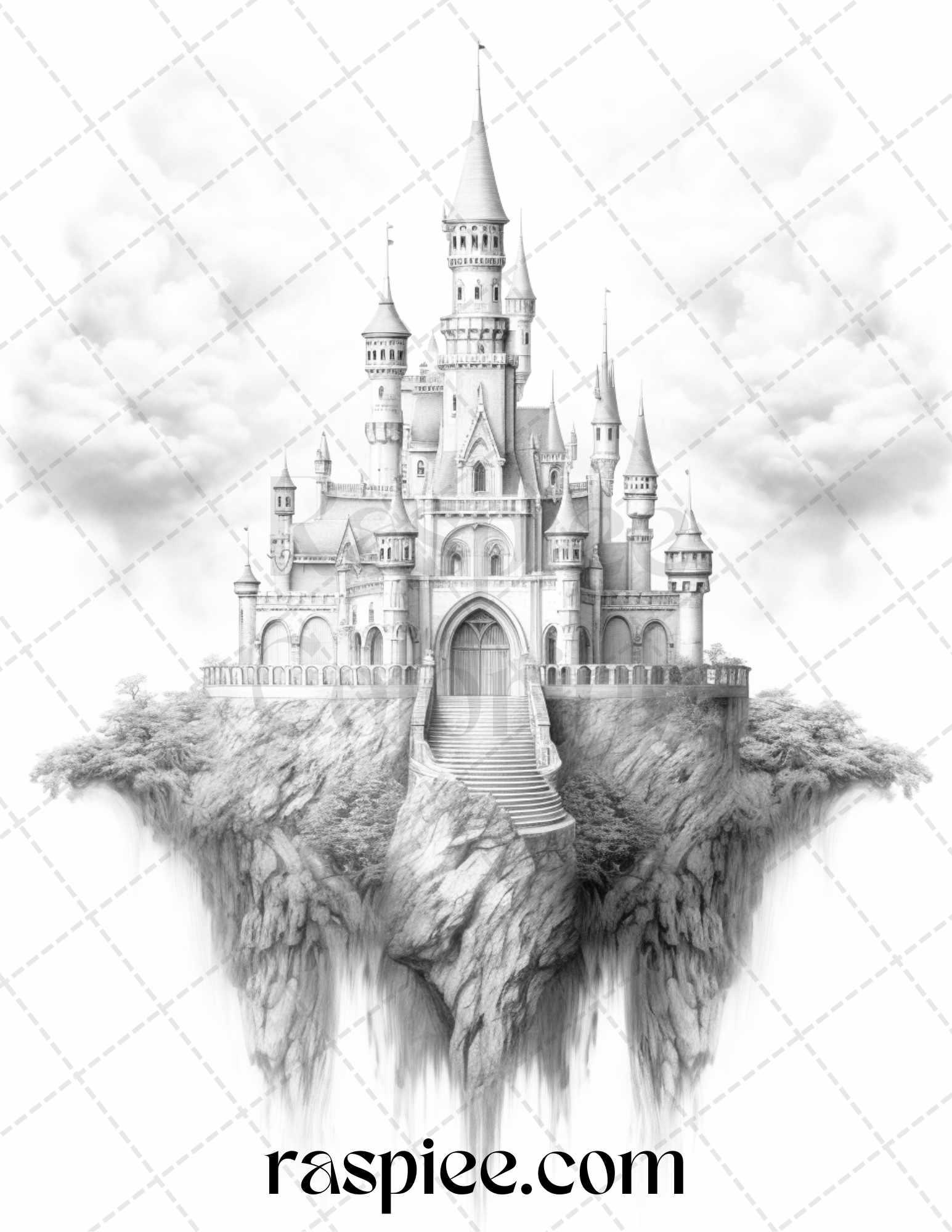 Floating Castle in the Sky Grayscale Coloring Pages for Adults, Printable PDF File Instant Download