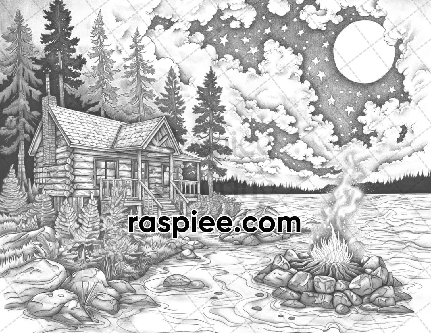 62 Serene Lakeside Cabins Grayscale Adult Coloring Pages, Printable PDF Instant Download
