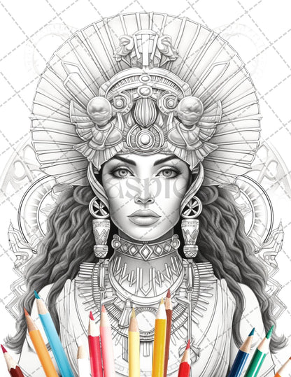 35 Ancient Egyptian Queens Coloring Book Printable for Adults, Grayscale Coloring Page, PDF File Instant Download