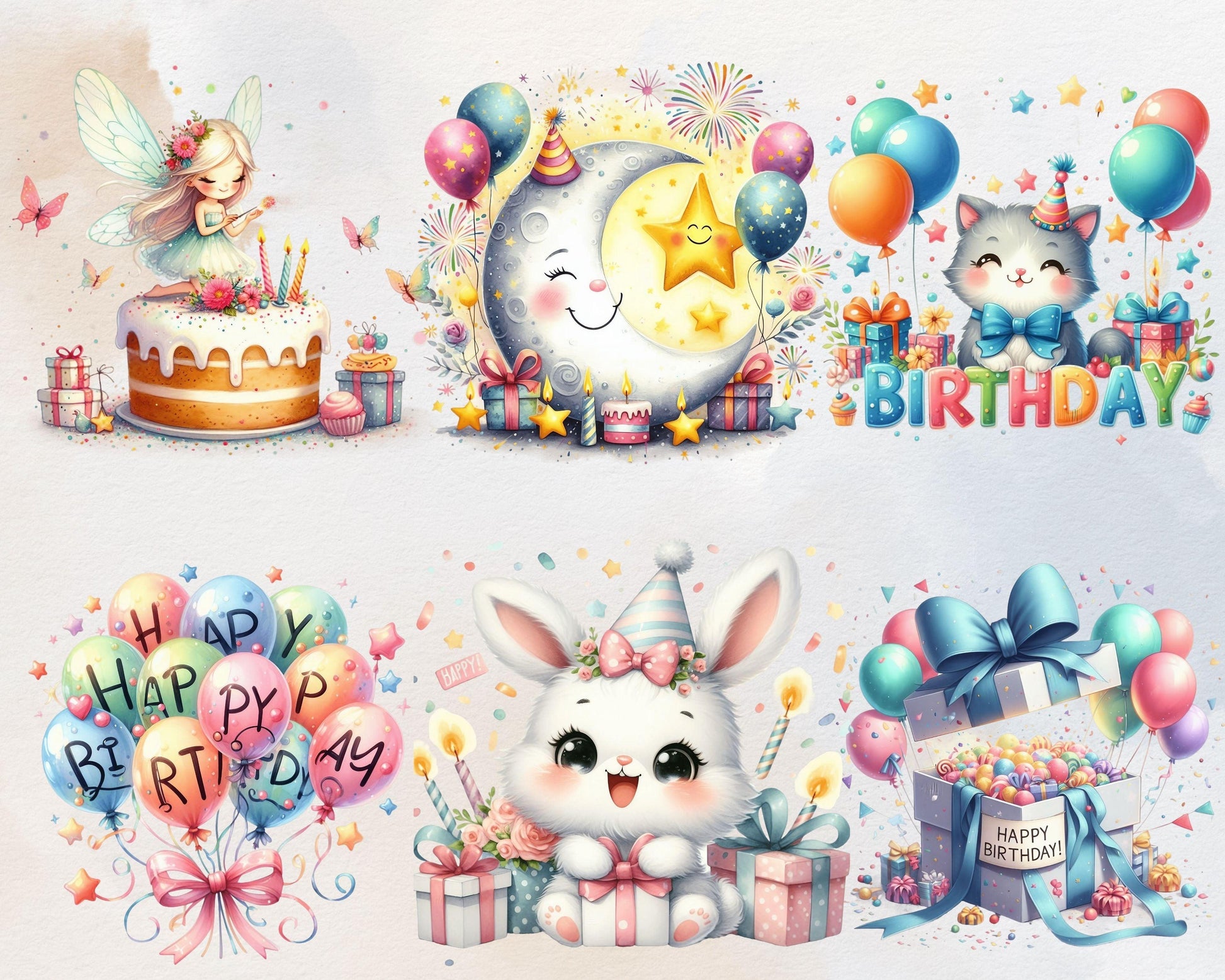 Watercolor Happy Birthday Clipart Bundle, 70 PNG High-Res Files for DIY Projects and Commercial Use