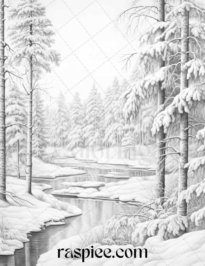 Winter Scenery Grayscale Coloring Pages Printable, Relaxing Snowy Landscapes, PDF File Instant Download