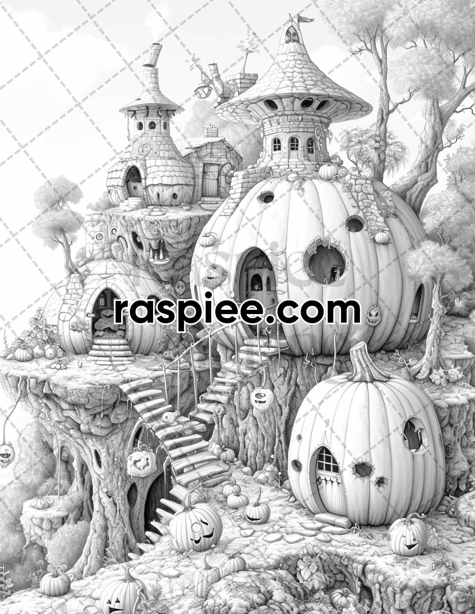 65 Fantasy Pumpkin Village Grayscale Adult Coloring Pages, Printable PDF Instant Download