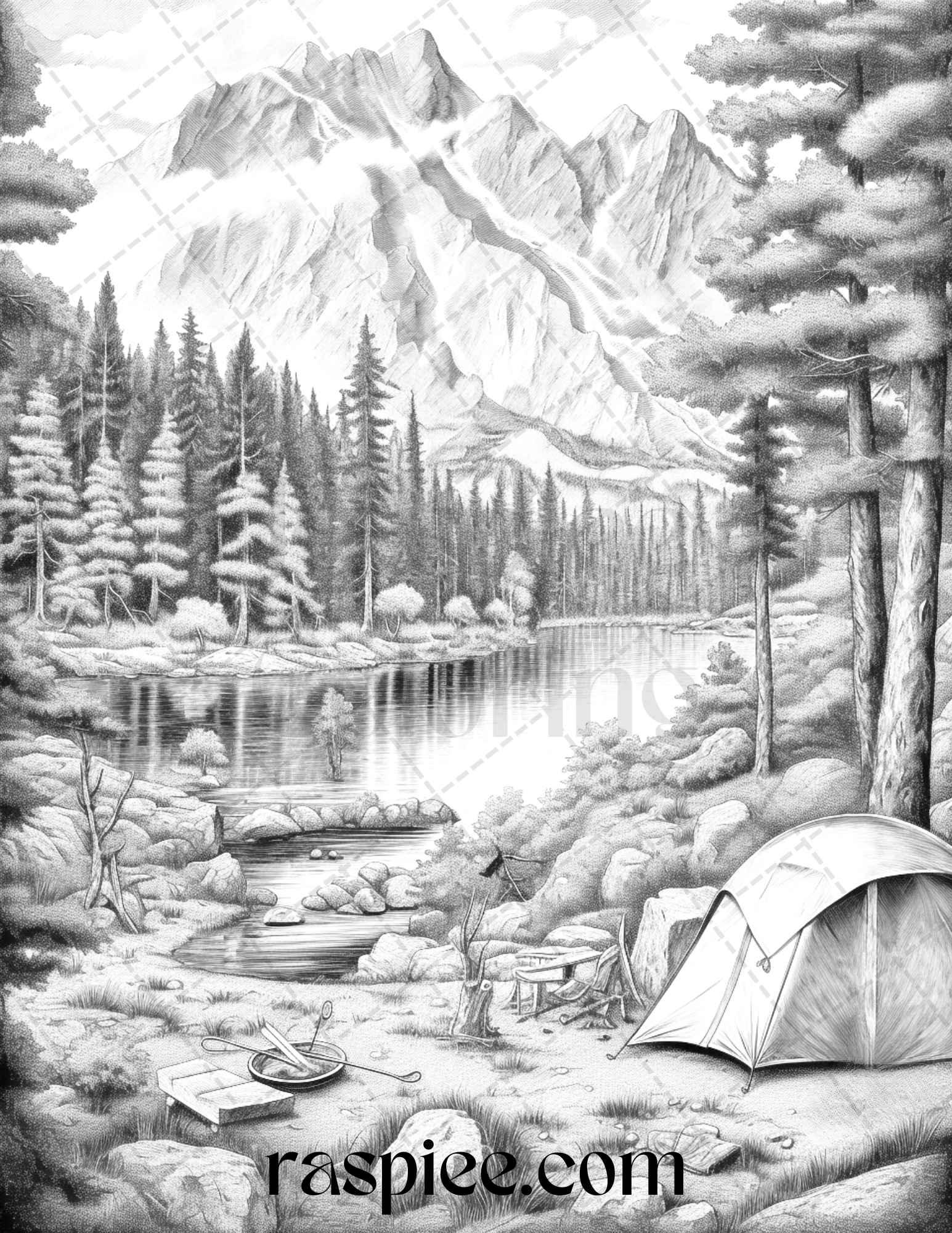 Nature Camping Grayscale Coloring Pages Printable, Relaxing Outdoor Scenes, PDF File Instant Download