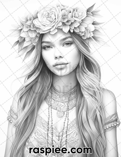 60 Bohemian Beauties Grayscale Coloring Pages for Adults, Printable PDF Instant Download