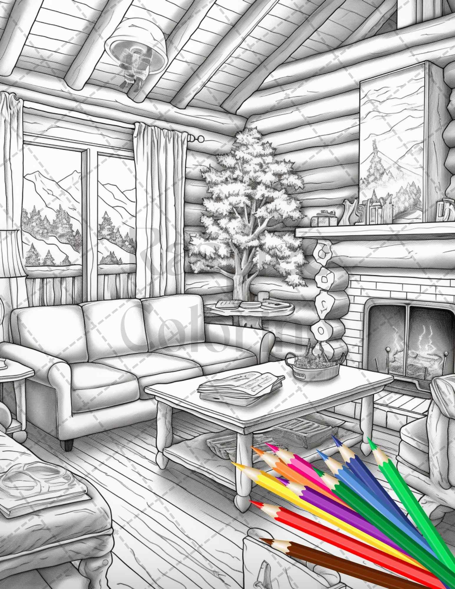 Cozy Cabin Interior Grayscale Coloring Pages Printable for Adults, PDF File Instant Download