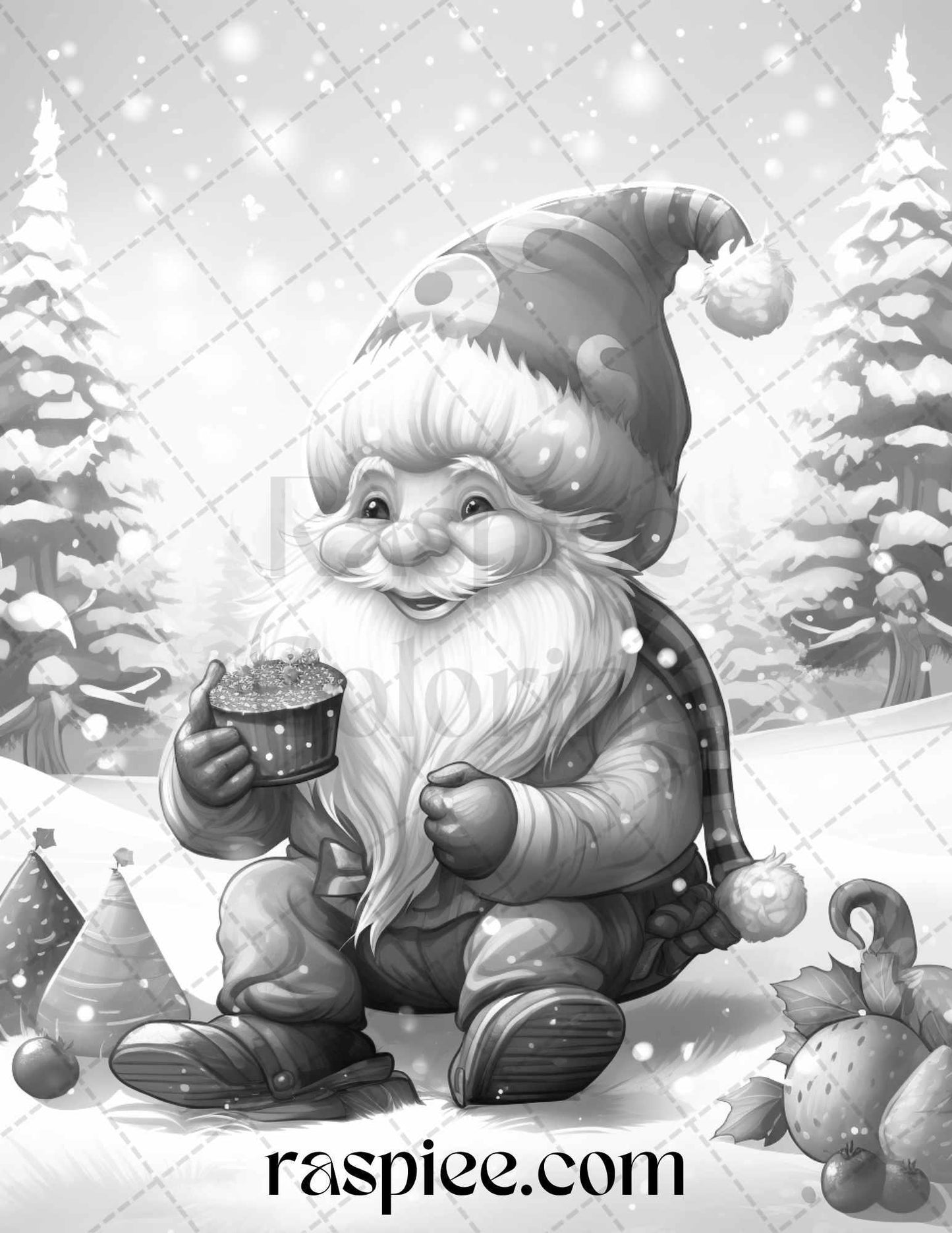 60 Christmas Gnomes Grayscale Coloring Pages Printable for Adults and Kids, PDF File Instant Download