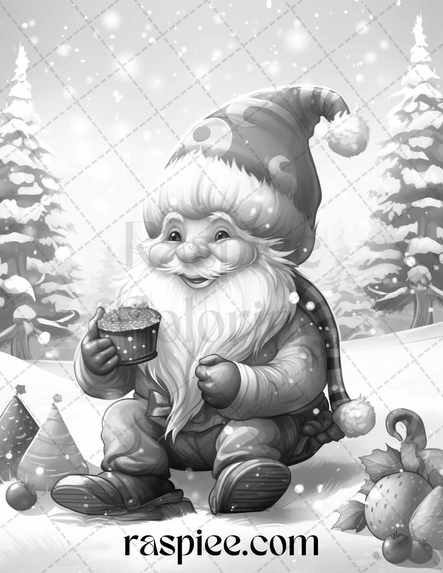 60 Christmas Gnomes Grayscale Coloring Pages Printable for Adults and Kids, PDF File Instant Download