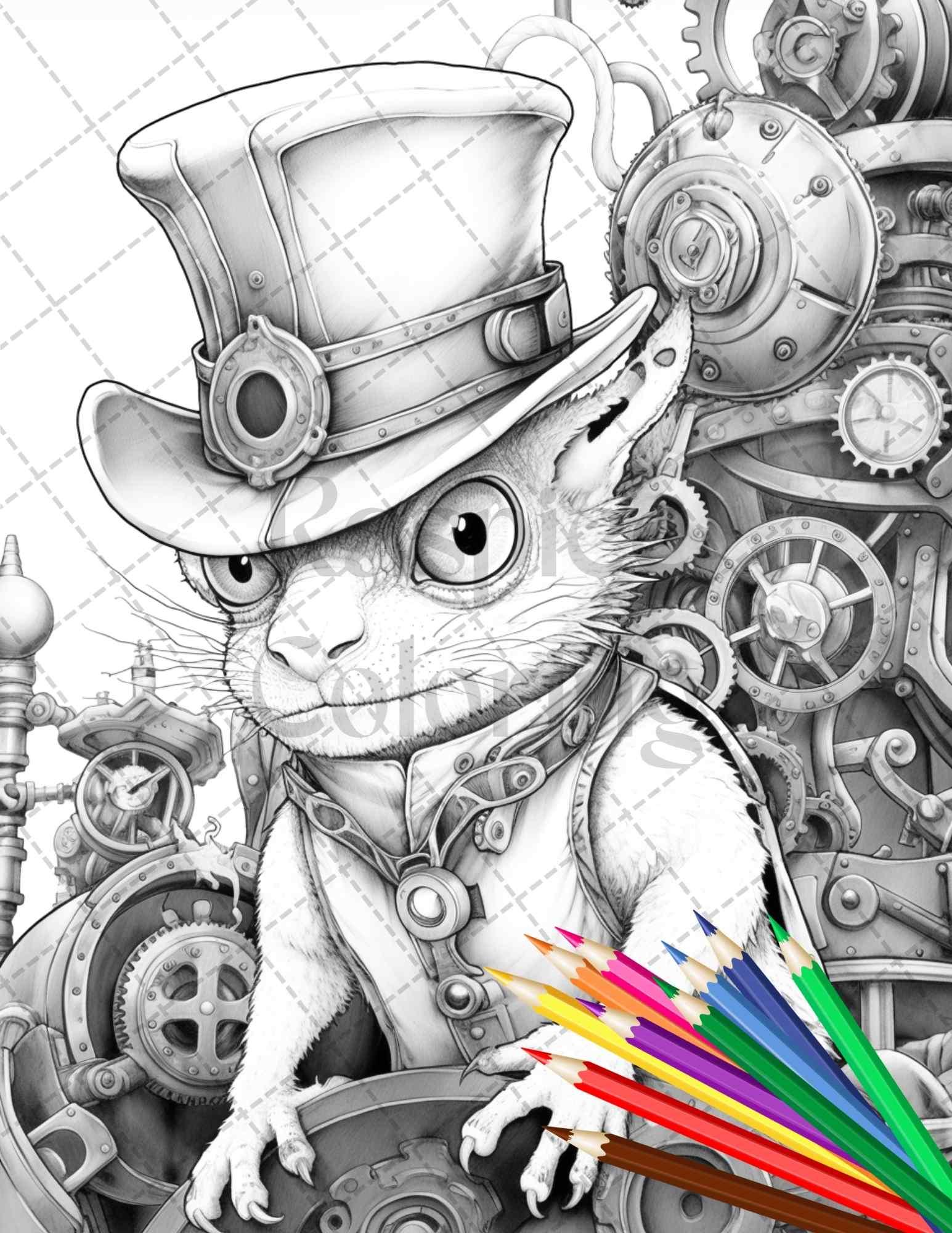 60 Steampunk Animals Grayscale Coloring Pages Printable for Adults, PDF File Instant Download