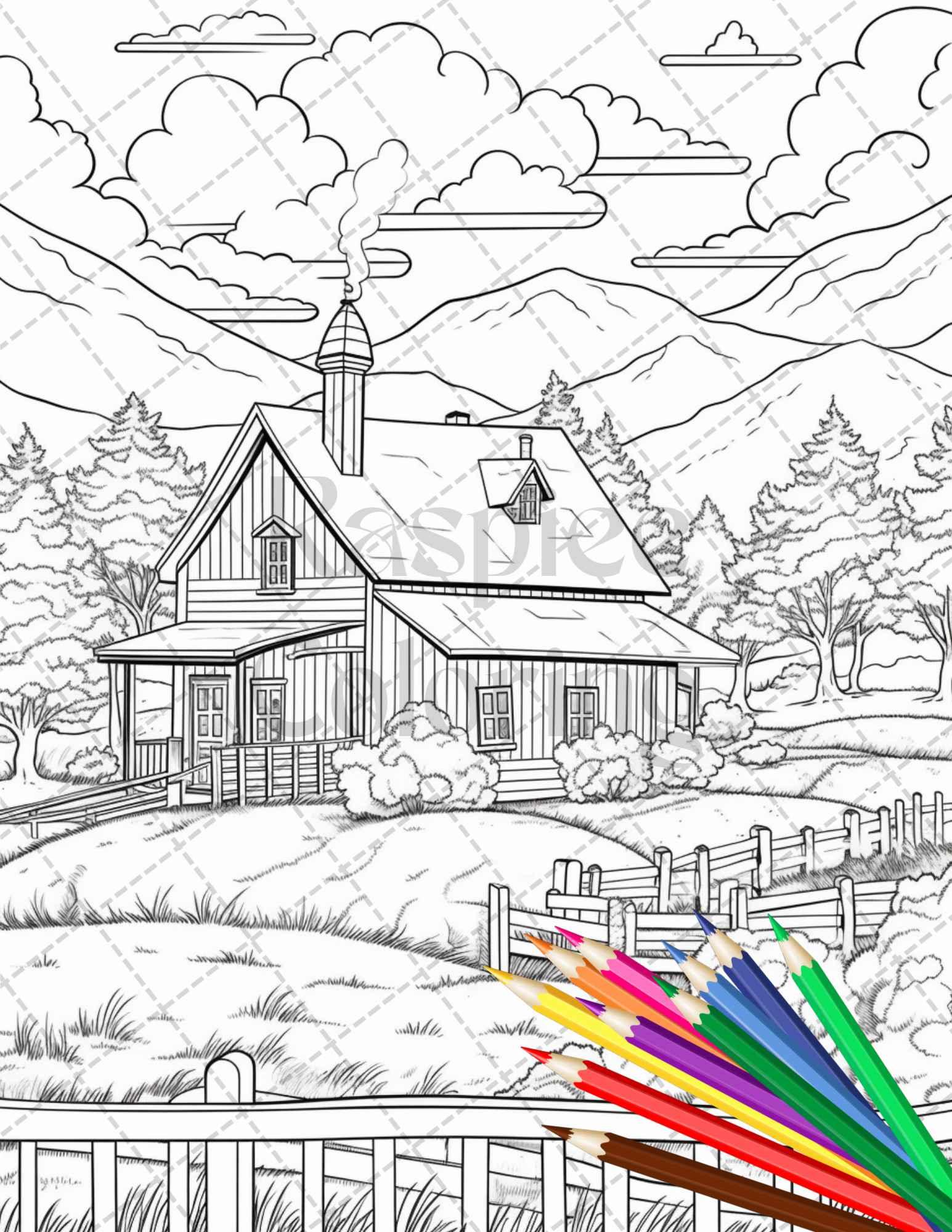Charming Farmhouse Scenery Grayscale Coloring Pages Printable for Adults, PDF File Instant Download