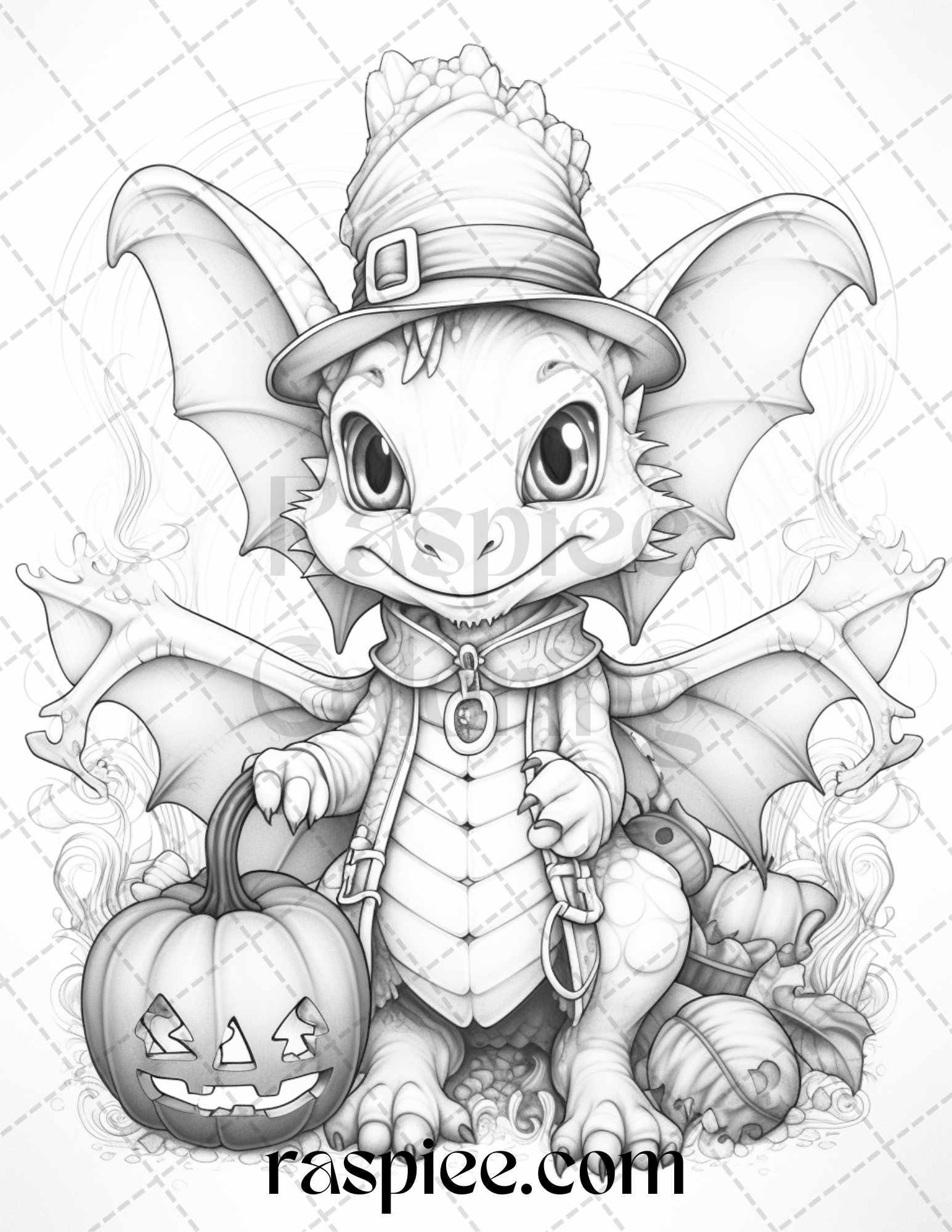 50 Cute Pumpkin Dragons Graycale Coloring Pages for Adults and Kids, Printable PDF File Instant Download
