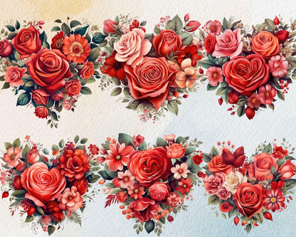 Romantic Heart-Shaped Flowers Clipart Bundle, 35 PNG High-Res Files for DIY and Commercial Use