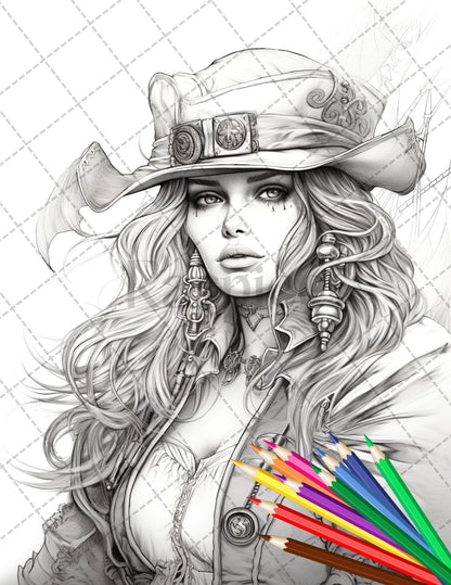 48 Beautiful Pirate Princess Coloring Book Printable for Adults, Grayscale Coloring Page, PDF File Instant Download