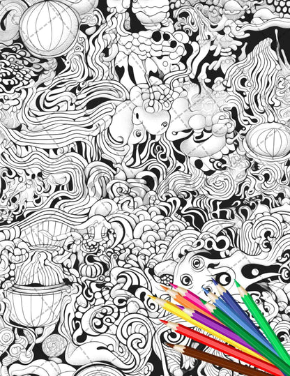 Psychedelic Trippy Coloring Book Printable for Adults, Grayscale Coloring Page, PDF File Instant Download