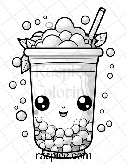 50 Cute Kawaii Boba Tea Grayscale Coloring Pages for Adults and Kids, Printable PDF File Instant Download