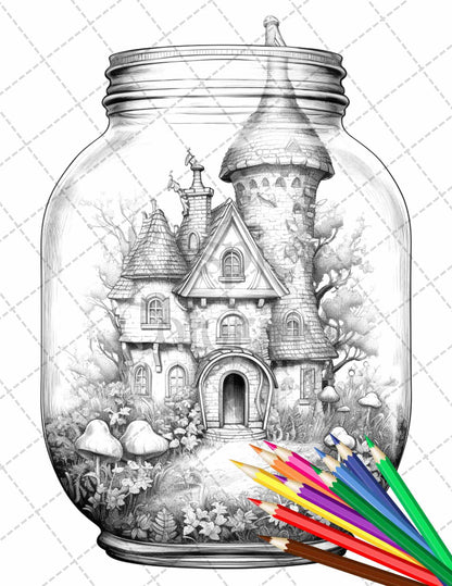 Fairy House in Jar Grayscale Coloring Pages Printable for Adults, PDF File Instant Download